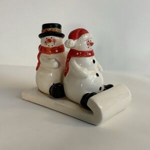 Snowman Salt & Pepper Shakers on Ceramic Sled Holder Christmas Winter Decor 3"